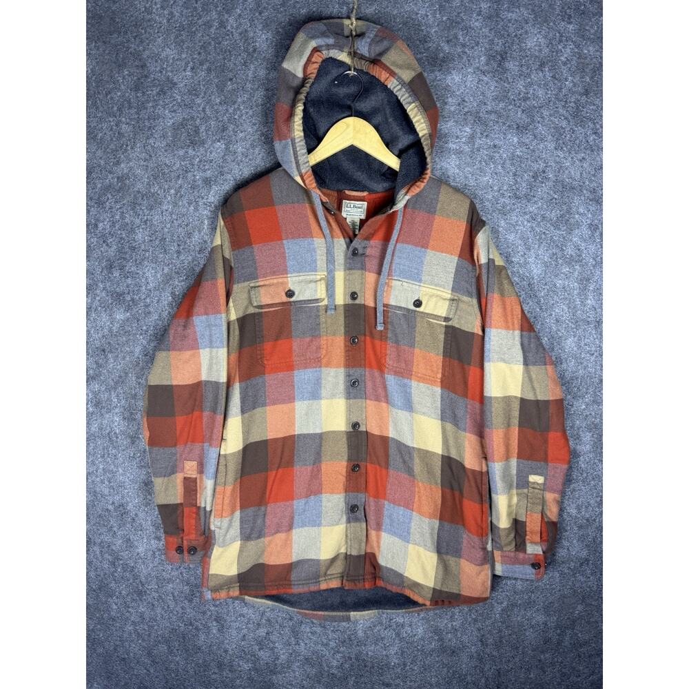 L.L. Bean Shacket Mens Medium Tall Plaid Fleece Lined Hooded Flannel Shirt layer